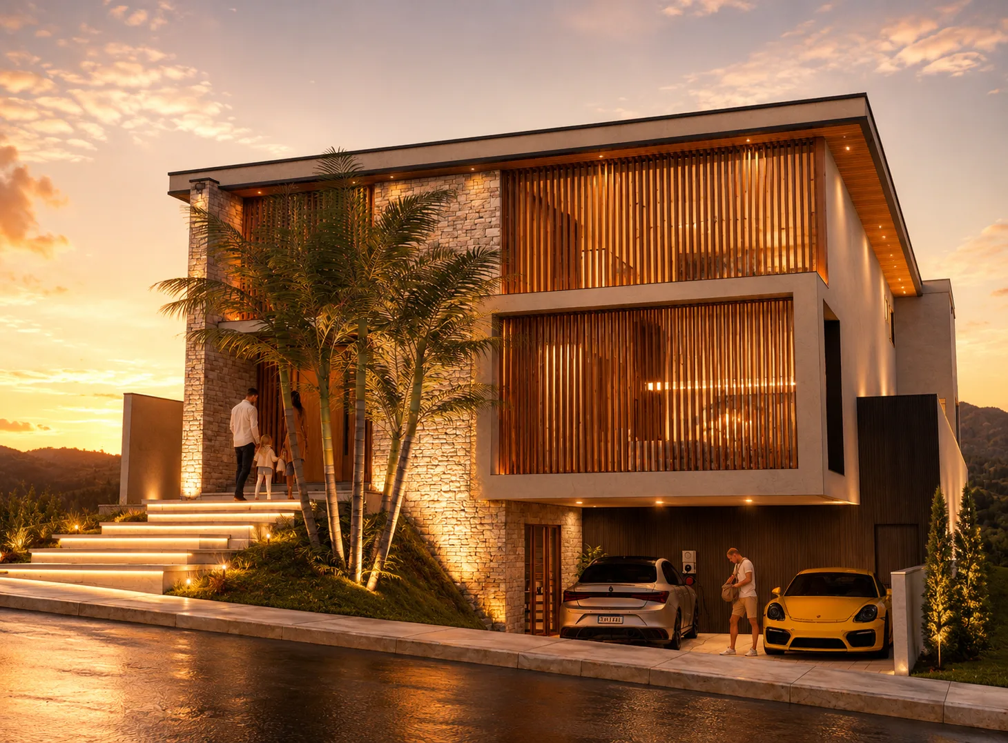 Residência de alto padrão construída pela JPG, iluminada ao entardecer